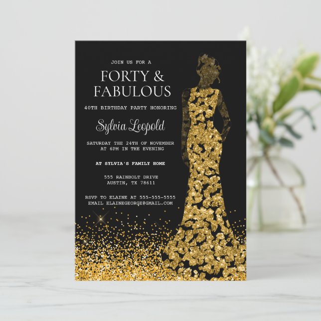 Black and Gold Woman in Dress 40th Birthday Invitation (Standing Front)