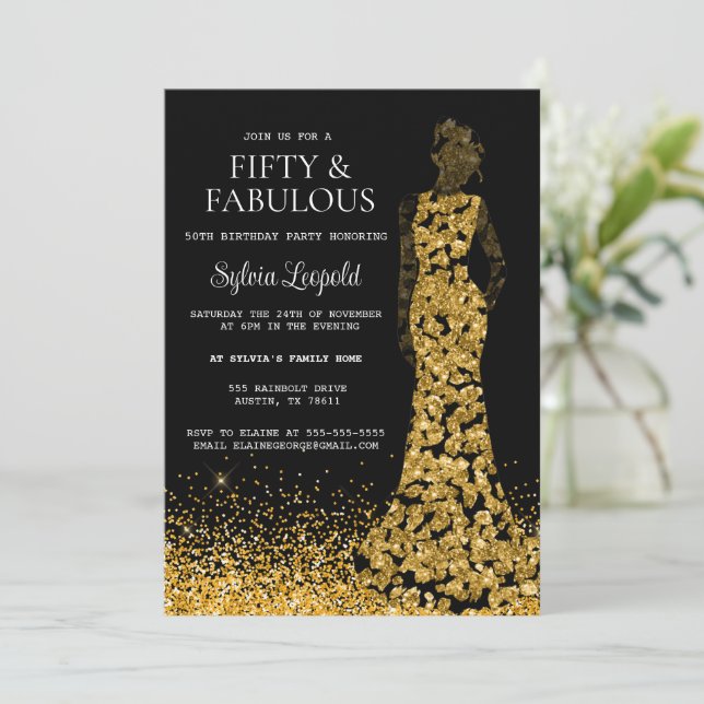 Black and Gold Woman in Dress 50th Birthday Invitation (Standing Front)