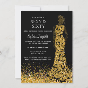 Black and Gold Woman in Dress 60th Birthday Invitation