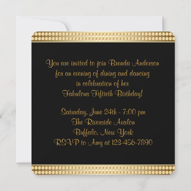 Black and Gold Womans Birthday Party Invitation (Back)