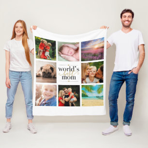 Black and Gold Worlds Best Mum 8 Photo Collage Fleece Blanket