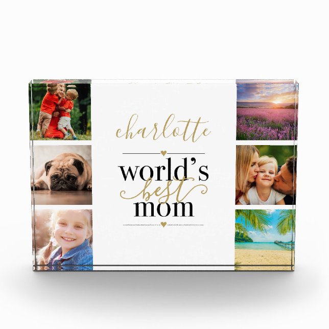 Black and Gold Worlds Best Mum Personalised 6 Photo Block (Front)
