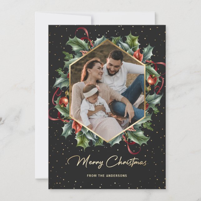 Black and Gold Wreath Photo Christmas Cards (Front)
