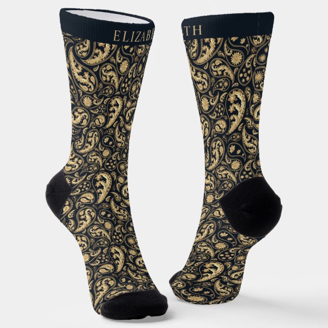 Black and Gold Yellow Glitter Paisley Pattern Socks (Angled)