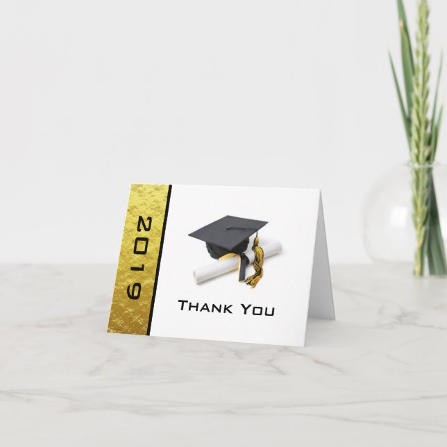 Black and Gold Yellow Graduation Cap and Tassel Thank You Card (Front)