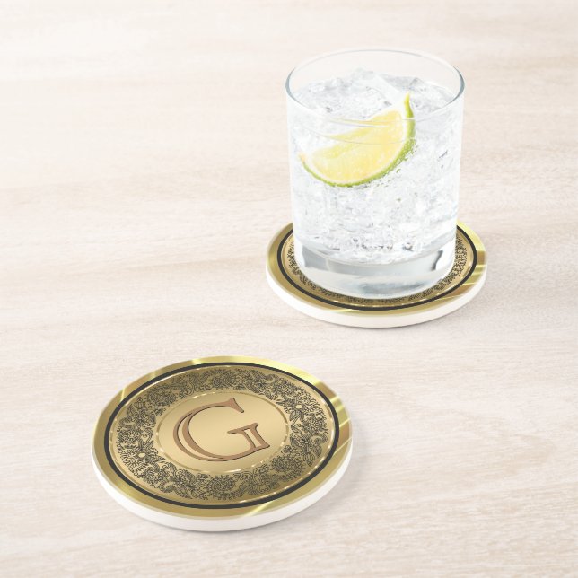 Black And GoldCircle Floral Design Monogramed Coaster (Side)
