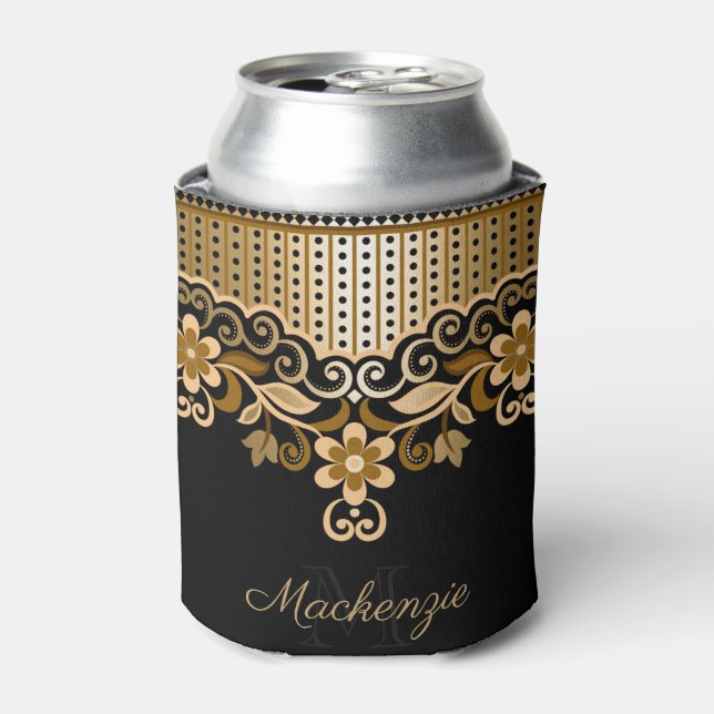 Black and Golden Abstract Floral Can Cooler (Can Front)