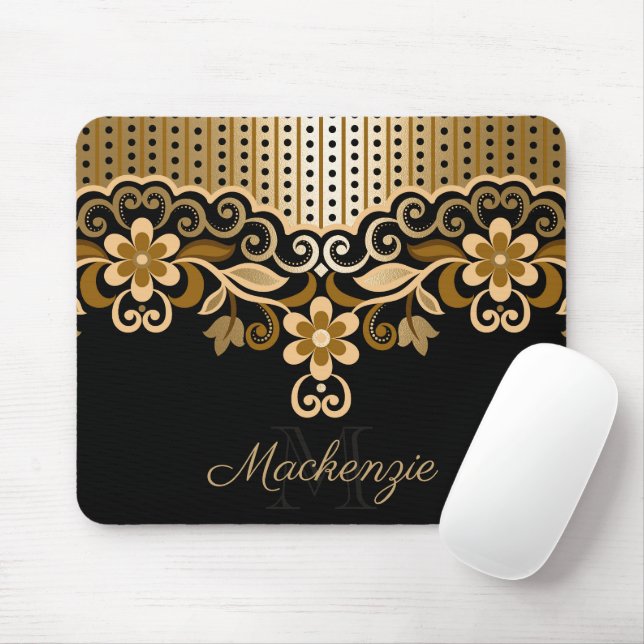 Black and Golden Abstract Floral Mouse Mat (With Mouse)