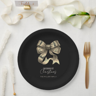 Black and Golden Bow Minimalist Christmas  Paper Plate