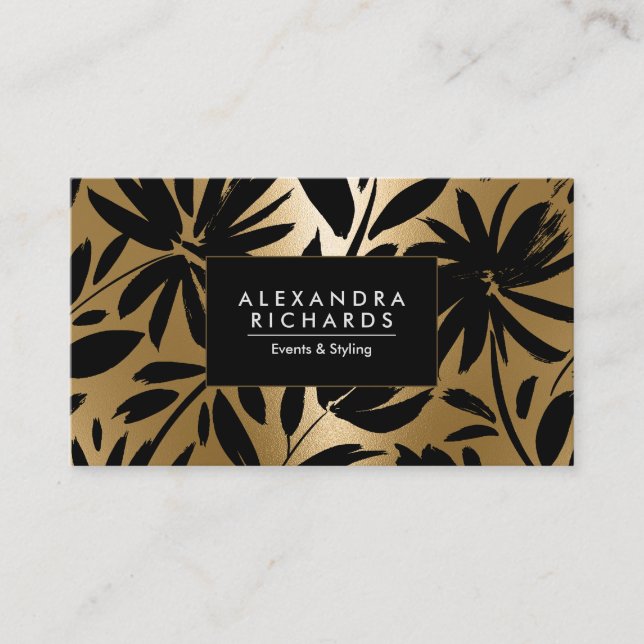 Black and Golden Brush Floral Business Card (Front)