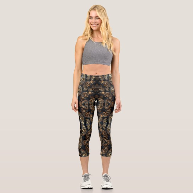 Black and Golden Butterfly Seamless Pattren Capri Leggings (Front)