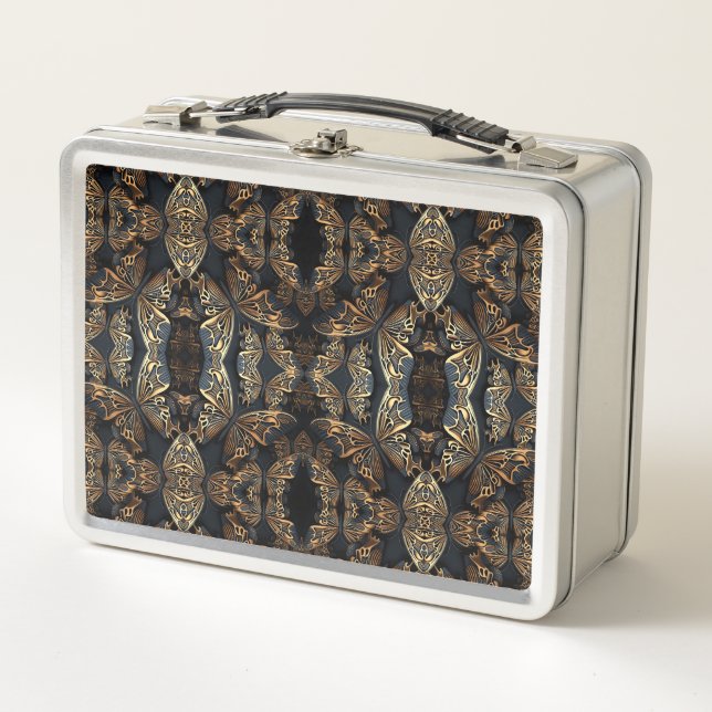 Black and Golden Butterfly Seamless Pattren Metal Lunch Box (Front)