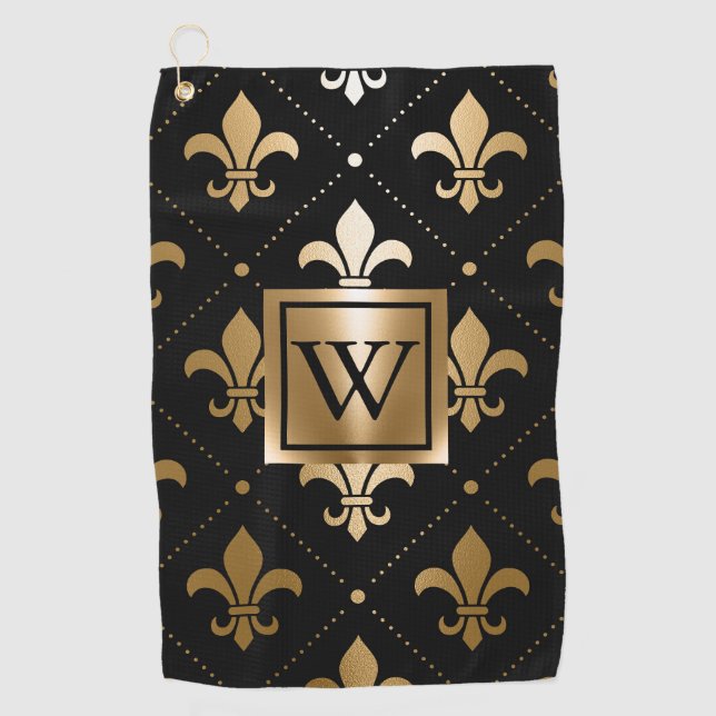 Black and Golden Fleur-de-lis Golf Towel (Front)