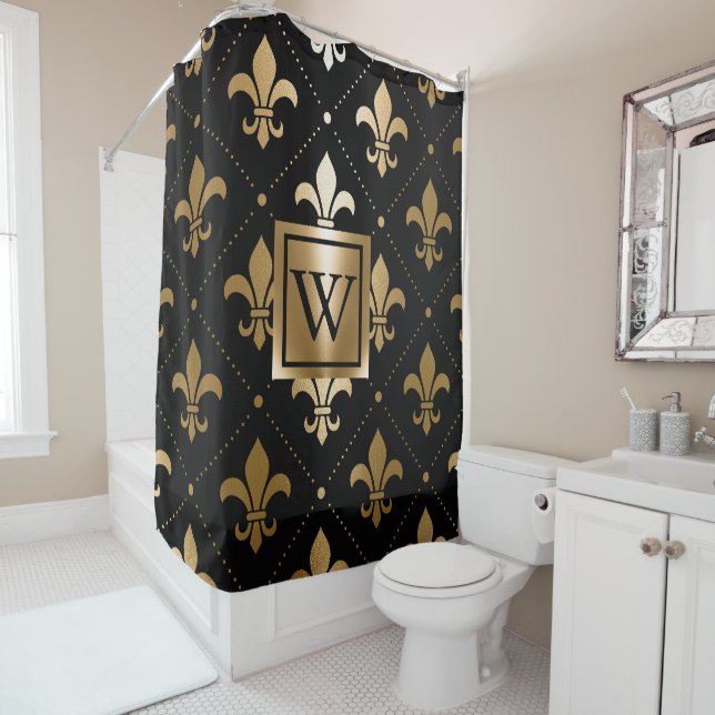Black and Golden Fleur-de-lis Shower Curtain (In Situ)