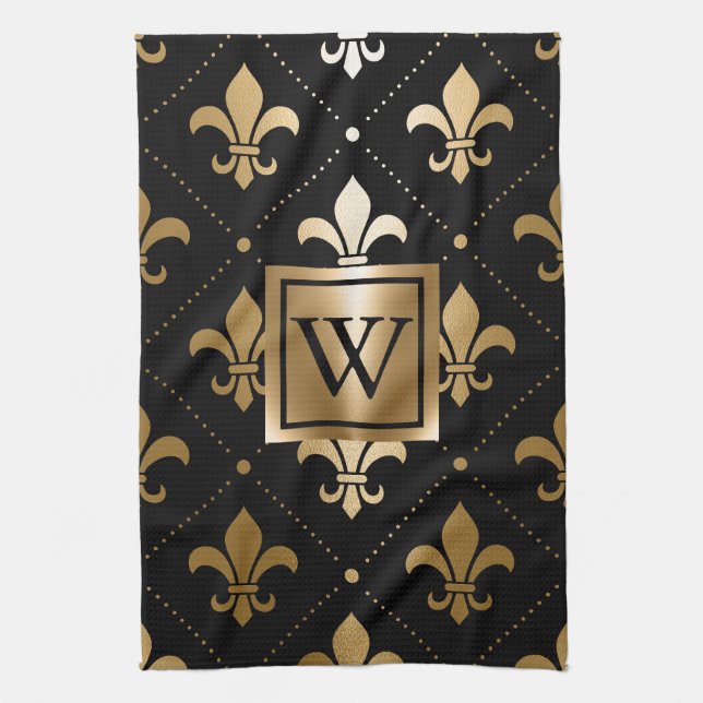 Black and Golden Fleur-de-lis Tea Towel (Vertical)
