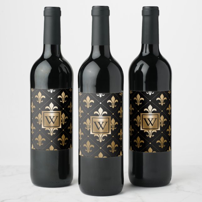 Black and Golden Fleur-de-lis Wine Label (Bottles)