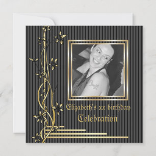 Black and golden floral border birthday invite