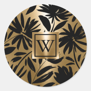 Black and Golden Floral Brush Classic Round Sticker