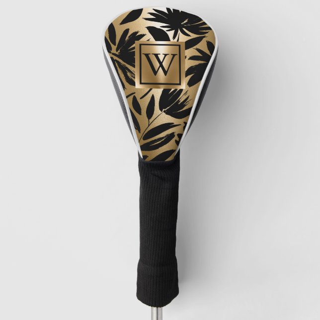 Black and Golden Floral Brush Golf Head Cover (Front)