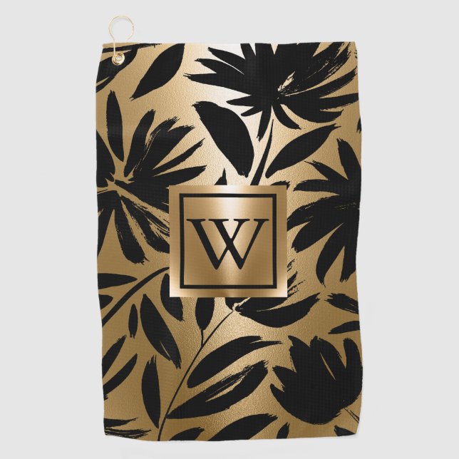 Black and Golden Floral Brush Golf Towel (Front)