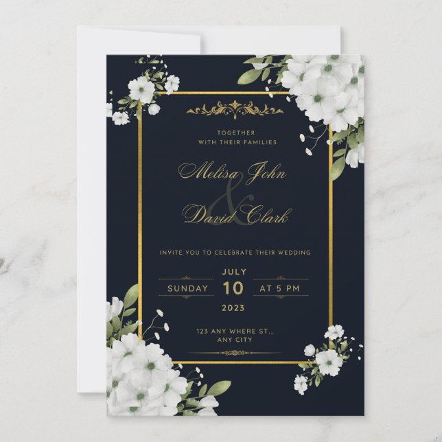Black and golden floral minimal chic invitation (Front)