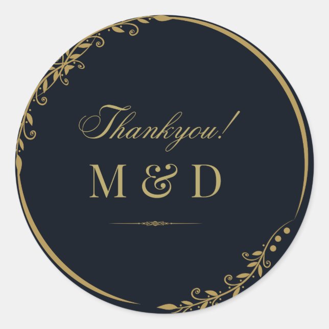 Black and golden floral minimal chic thankyou classic round sticker (Front)