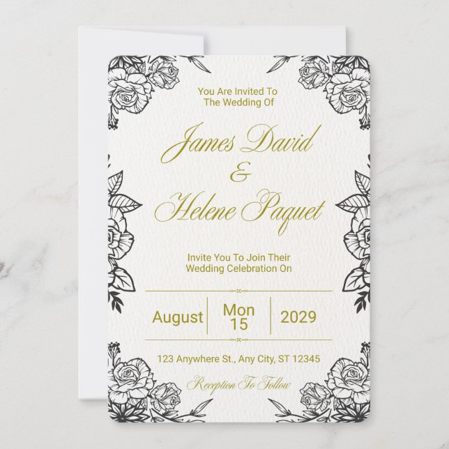 Black and Golden Floral Wedding Invitation Card  (Front)