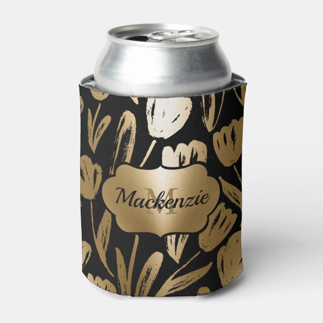 Black and Golden Flowers  Can Cooler (Can Front)