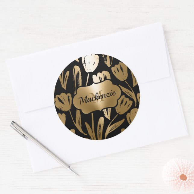 Black and Golden Flowers  Classic Round Sticker (Envelope)