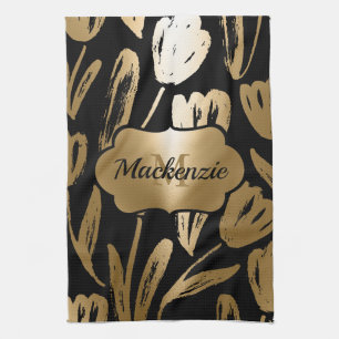 Black and Golden Flowers  Tea Towel