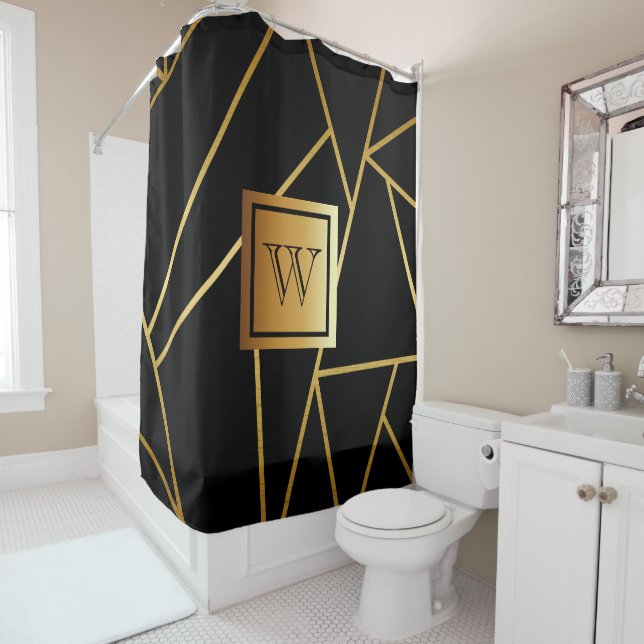 Black and Golden Geometric Shower Curtain (In Situ)