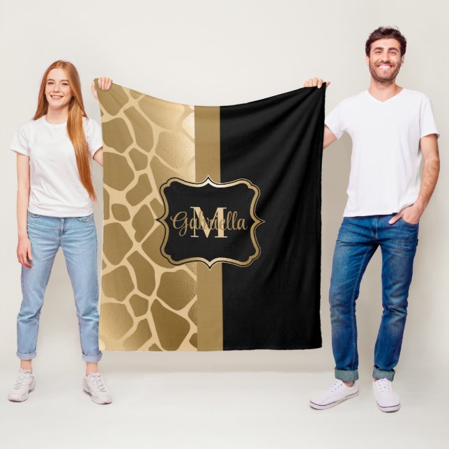 Black and Golden Giraffe Pattern Fleece Blanket (In Situ)