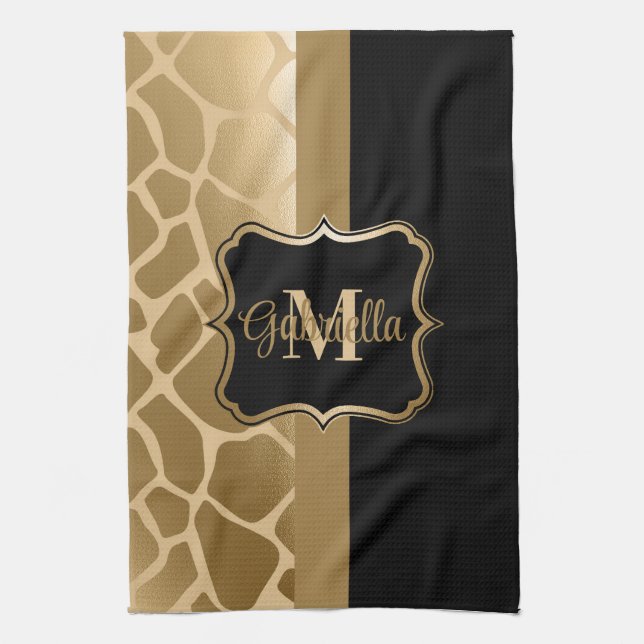 Black and Golden Giraffe Pattern Tea Towel (Vertical)