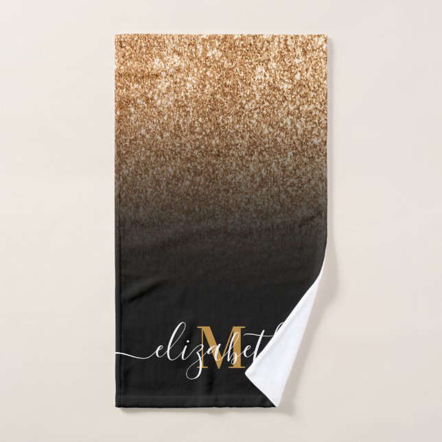 Black and Golden Glitter Monogram Bath Towel Set (Hand Towel)