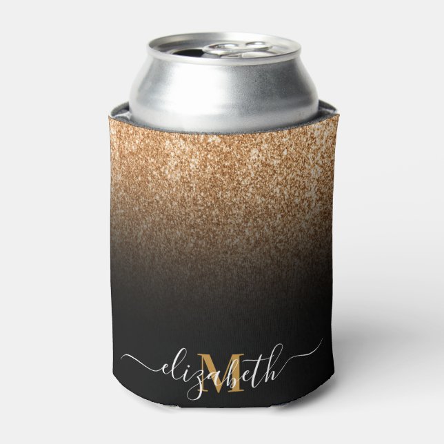 Black and Golden Glitter Monogram Can Cooler (Can Front)