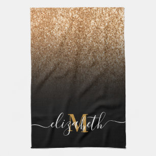 Black and Golden Glitter Monogram Tea Towel
