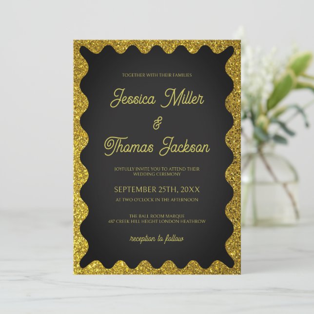 Black and Golden Glitters Wavy Squiggly Wedding Invitation (Standing Front)