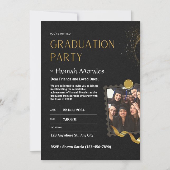 Black and Golden Graduation, With Photo Graduation Invitation (Front)
