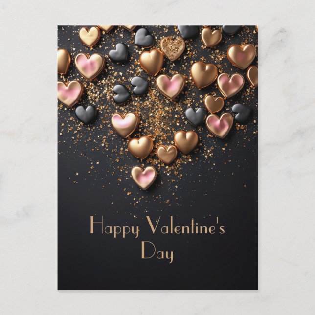 Black and golden hearts on dark ground Valentine's Postcard (Front)