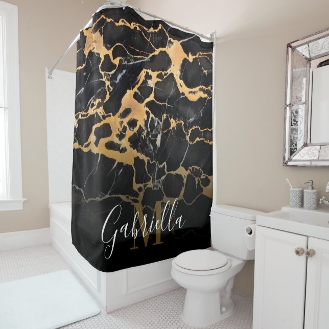 Black and Golden Marble Shower Curtain (In Situ)