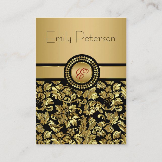 Black And Golden Metallic Floral Damasks Monogram Business Card (Front)