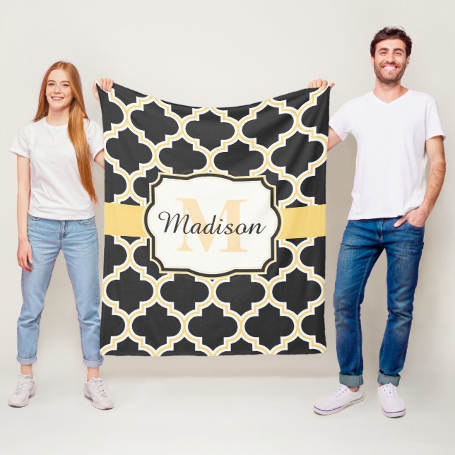 Black and Golden Moroccan Quatrefoil Fleece Blanket (In Situ)