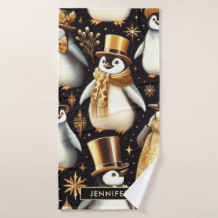 Black and Golden Penguin Bath Towel