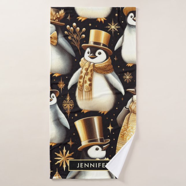 Black and Golden Penguin Bath Towel (Bath Towel)