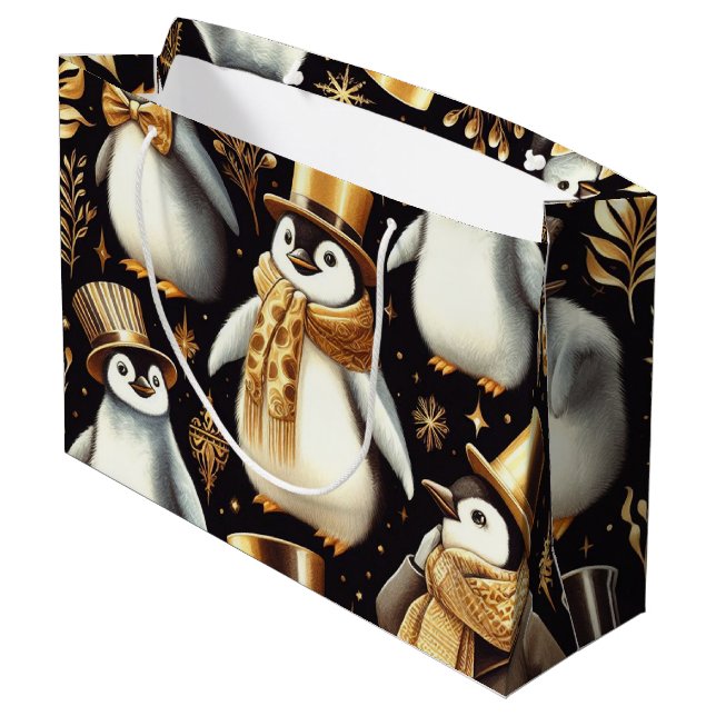 Black and Golden Penguin Large Gift Bag (Back Angled)