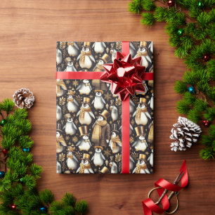 Black and Golden Penguin Wrapping Paper