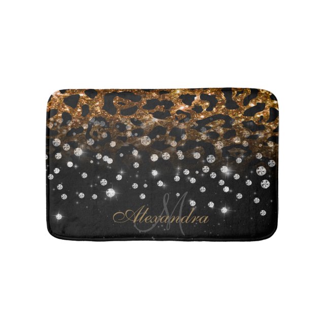 Black and Golden Sparkle Leopard Print Bath Mat (Front)