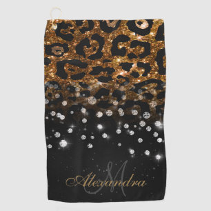 Black and Golden Sparkle Leopard Print Golf Towel