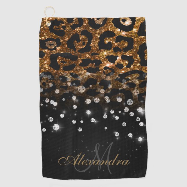 Black and Golden Sparkle Leopard Print Golf Towel (Front)