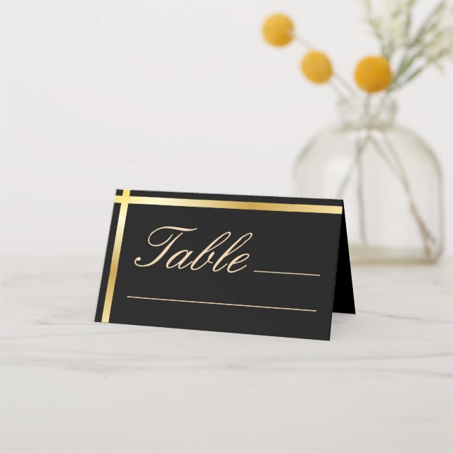 Black and Golden Stripe Modern Wedding Place Card (Front)